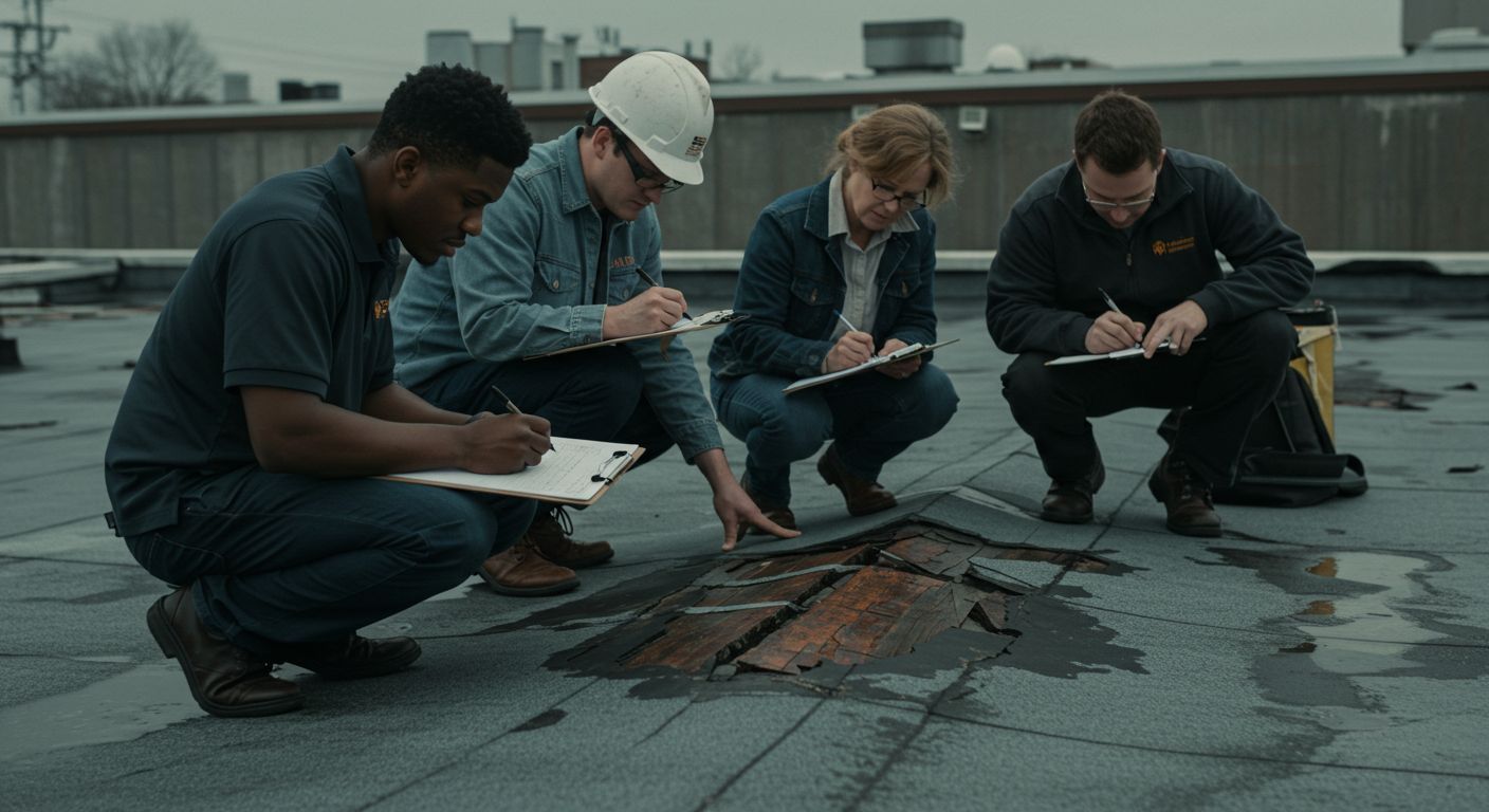 Four people on a rooftop inspecting damage and taking notes.