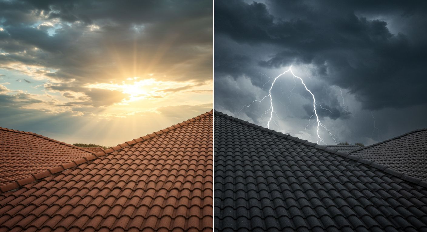 Rooftop split view: sunny sky on left, dark storm with lightning on right.