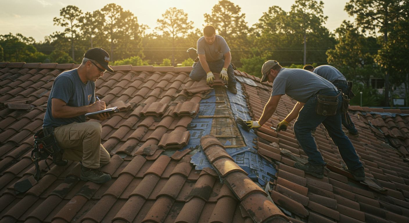 Workers repairing a clay tile roof in sunlight.