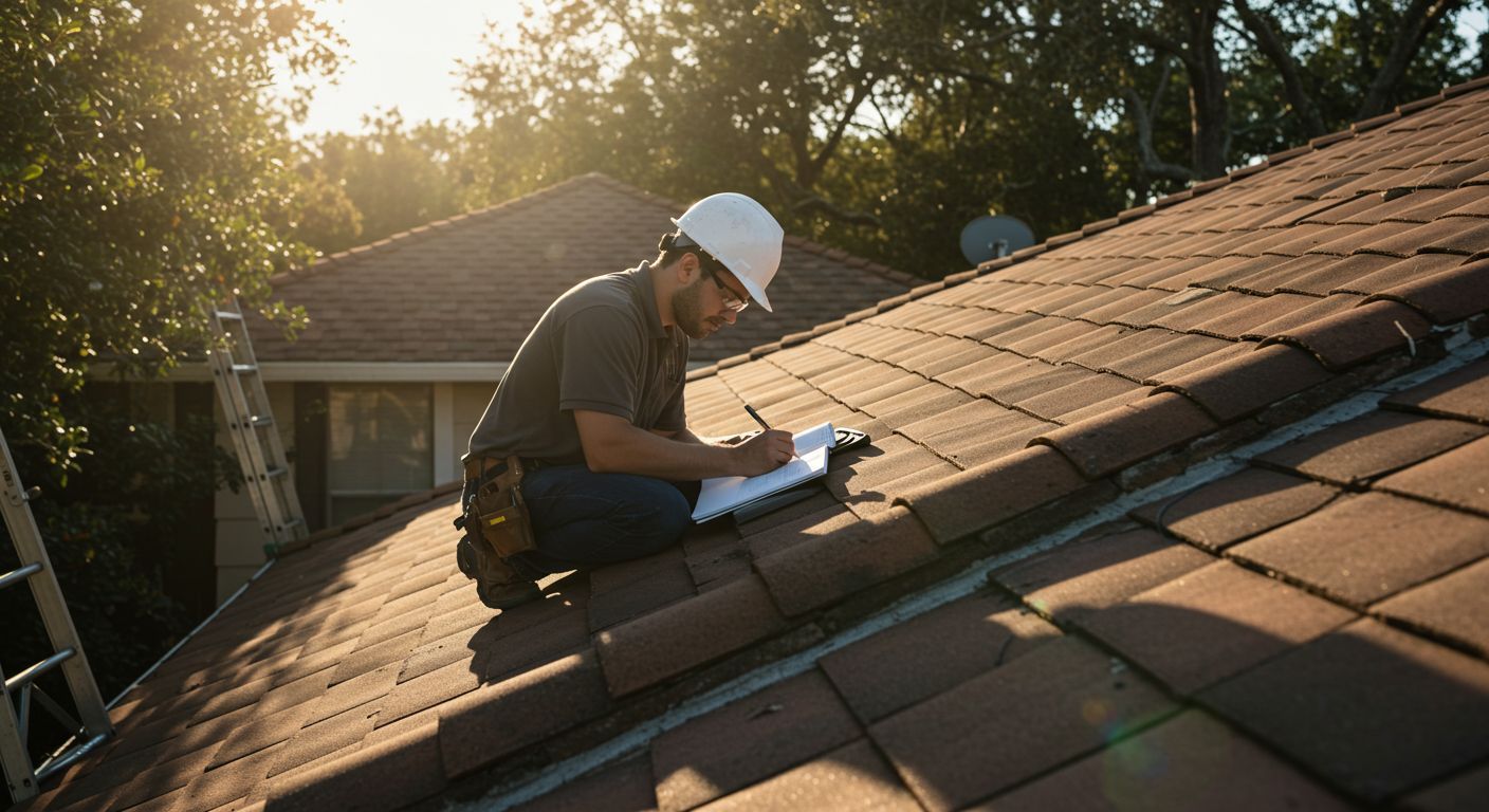 Man in hard hat on a tiled roof, inspecting with a clipboard. Sunlight, trees, and ladder visible.