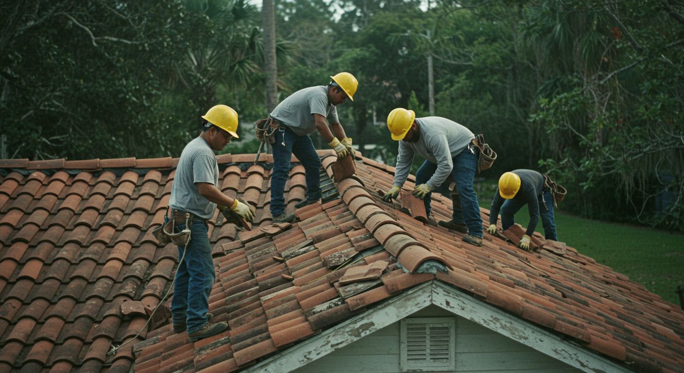 Roofers in yellow hard hats repairing a terracotta tile roof, surrounded by trees.
