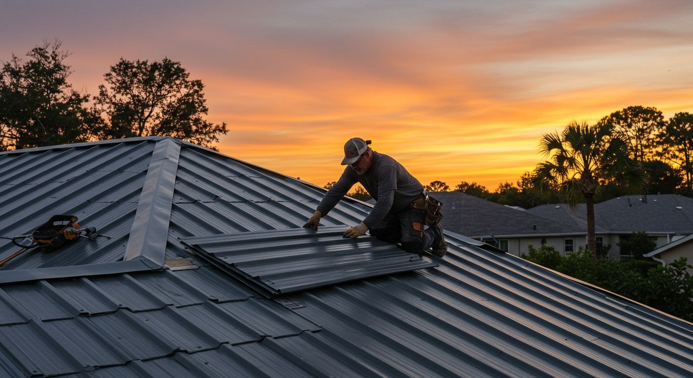 Roofer installing dark gray panels on a metal roof at sunset.