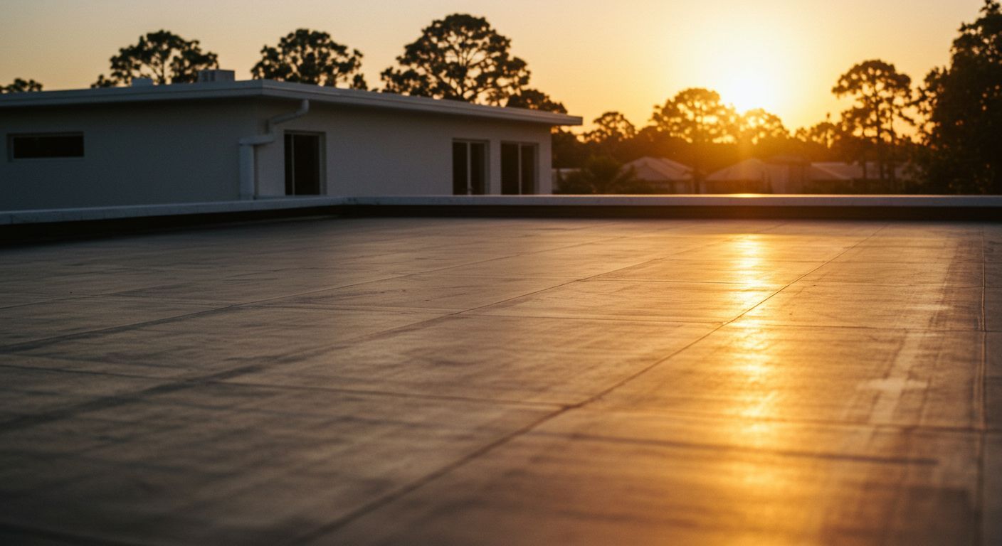Flat roof at sunset, reflecting the golden sunlight with a white building in the background.