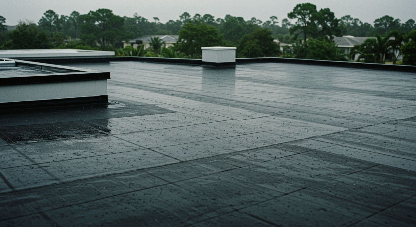 Flat, black, tar roof with standing water, small white structure, trees in the background under a cloudy sky.
