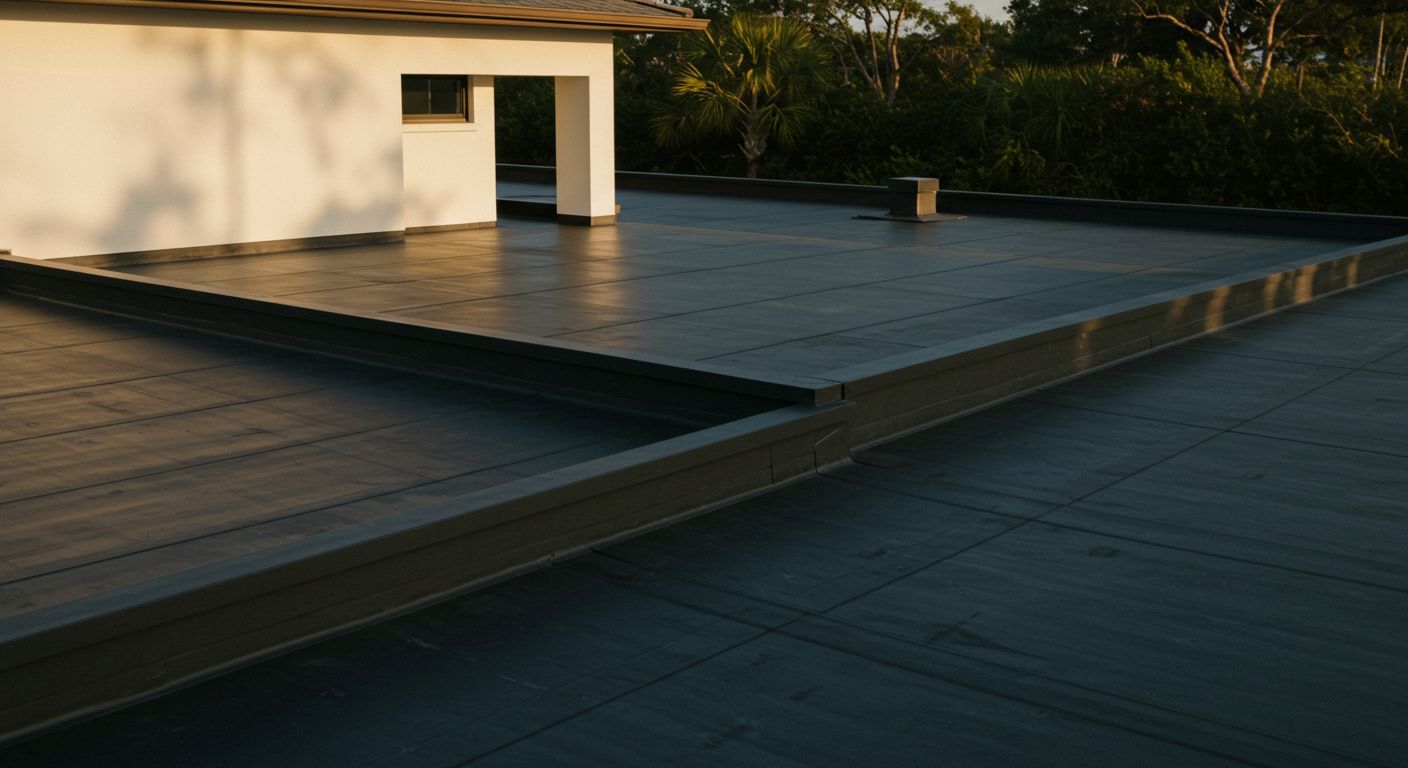 Black flat roof with white building and trees in the background.