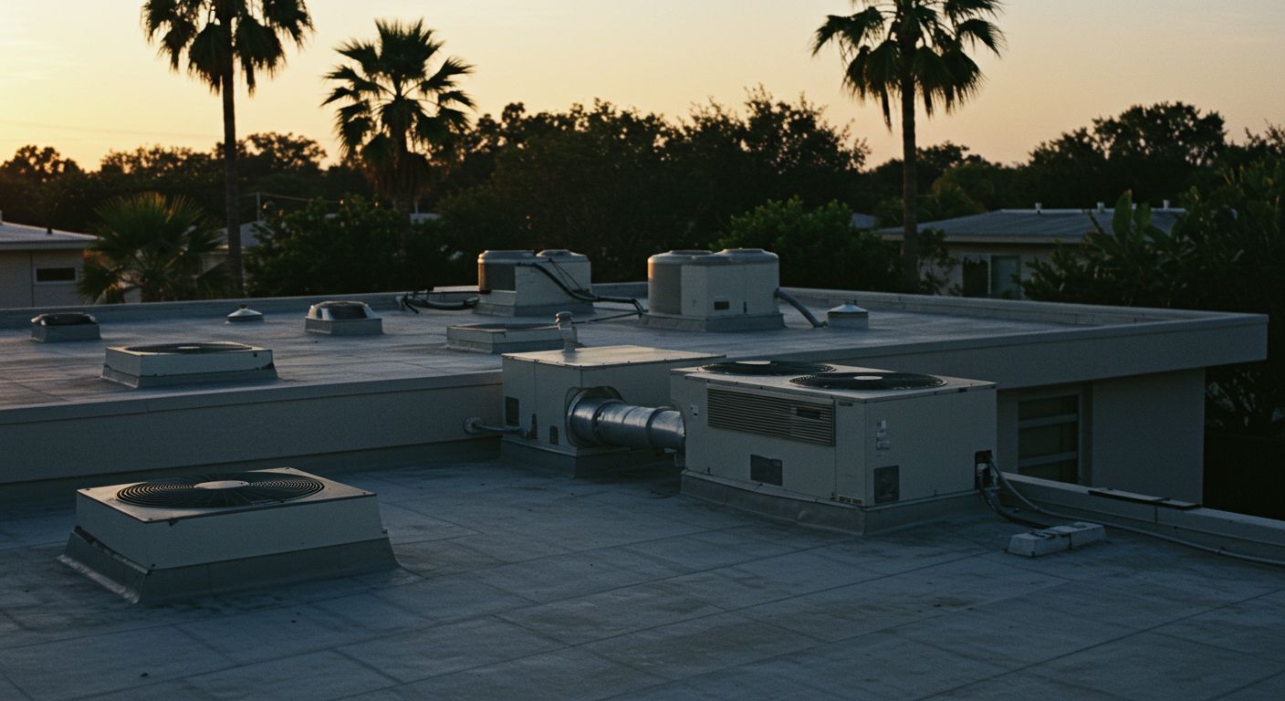 Rooftop with HVAC units and vents, palm trees in the background, dusk sky.