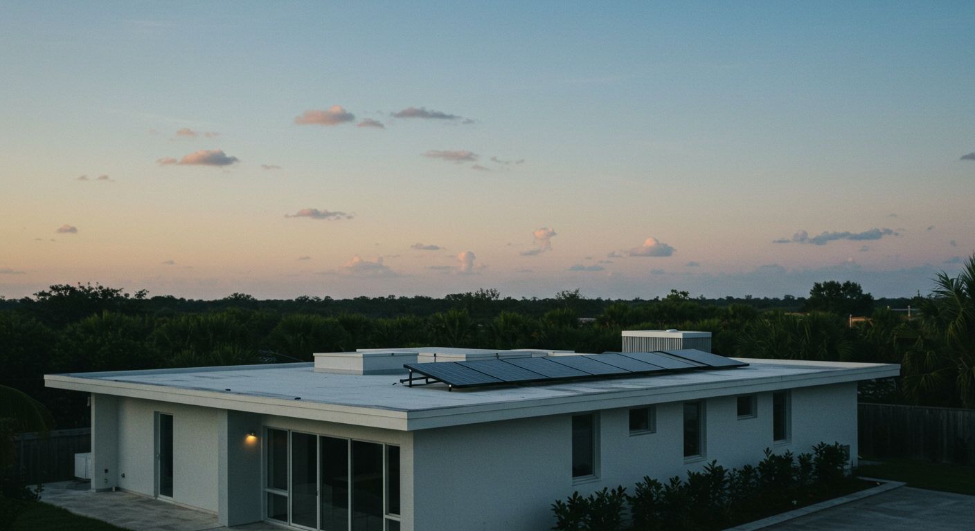 White house with solar panels on roof, dusk sky, trees in the background.