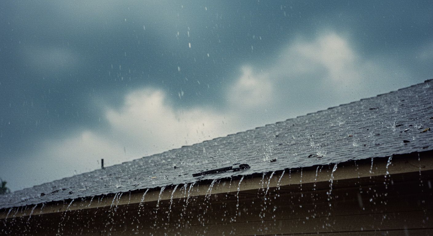 Rain falling on a dark rooftop with a cloudy sky in the background.