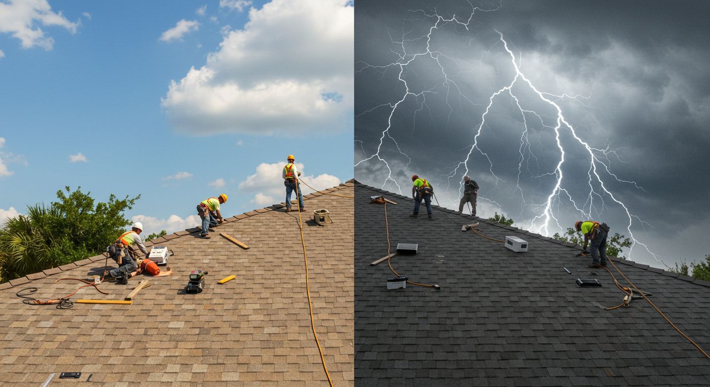 Roofers working on a roof on a sunny day vs. a roof with a lightning storm overhead.