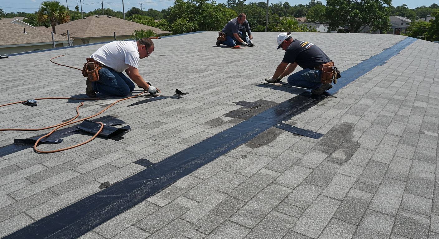 Three roofers installing a black sealant strip on a gray shingle roof under a sunny sky.