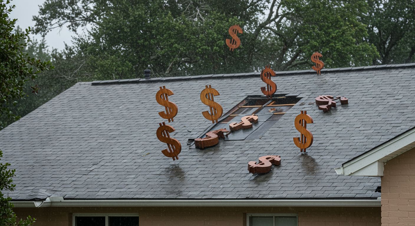 Dollar signs blowing off a damaged roof in the rain, symbolizing financial loss.