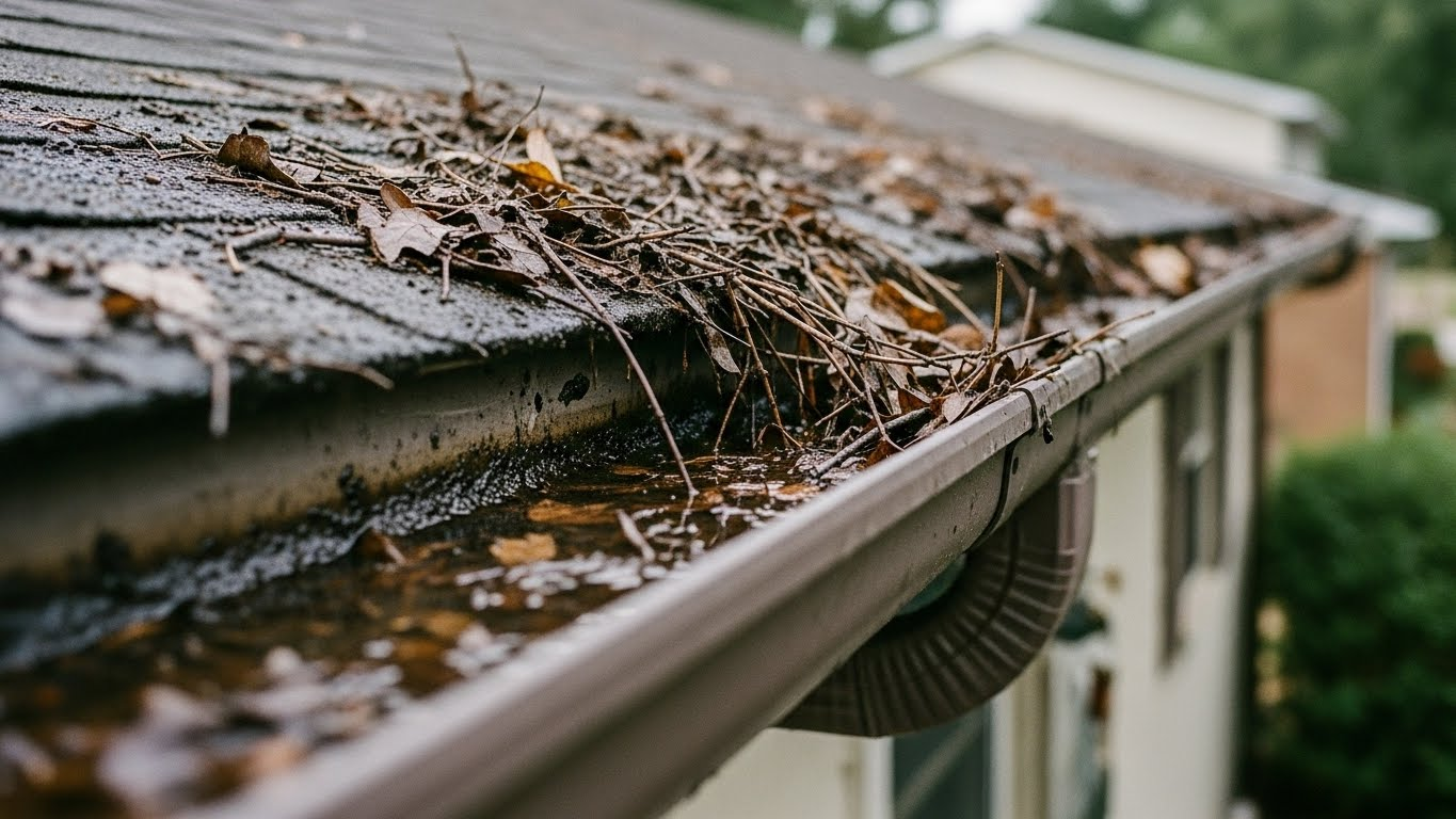 Leaves and debris clog a rain gutter along the roof edge of a house.