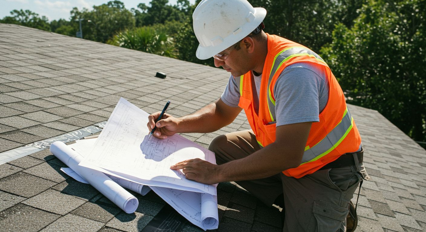Roofer in hard hat and safety vest on rooftop reviewing blueprints, sunlight.