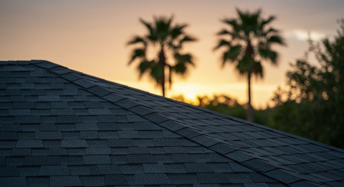 Rooftop with dark shingles against a sunset, palm trees in soft focus.