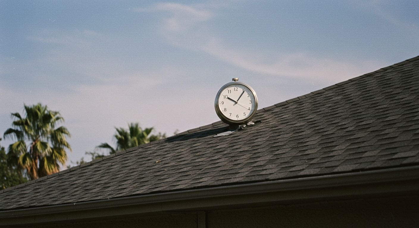 A large clock sits on a dark gray shingled rooftop under a blue sky. Palm trees are in the background.