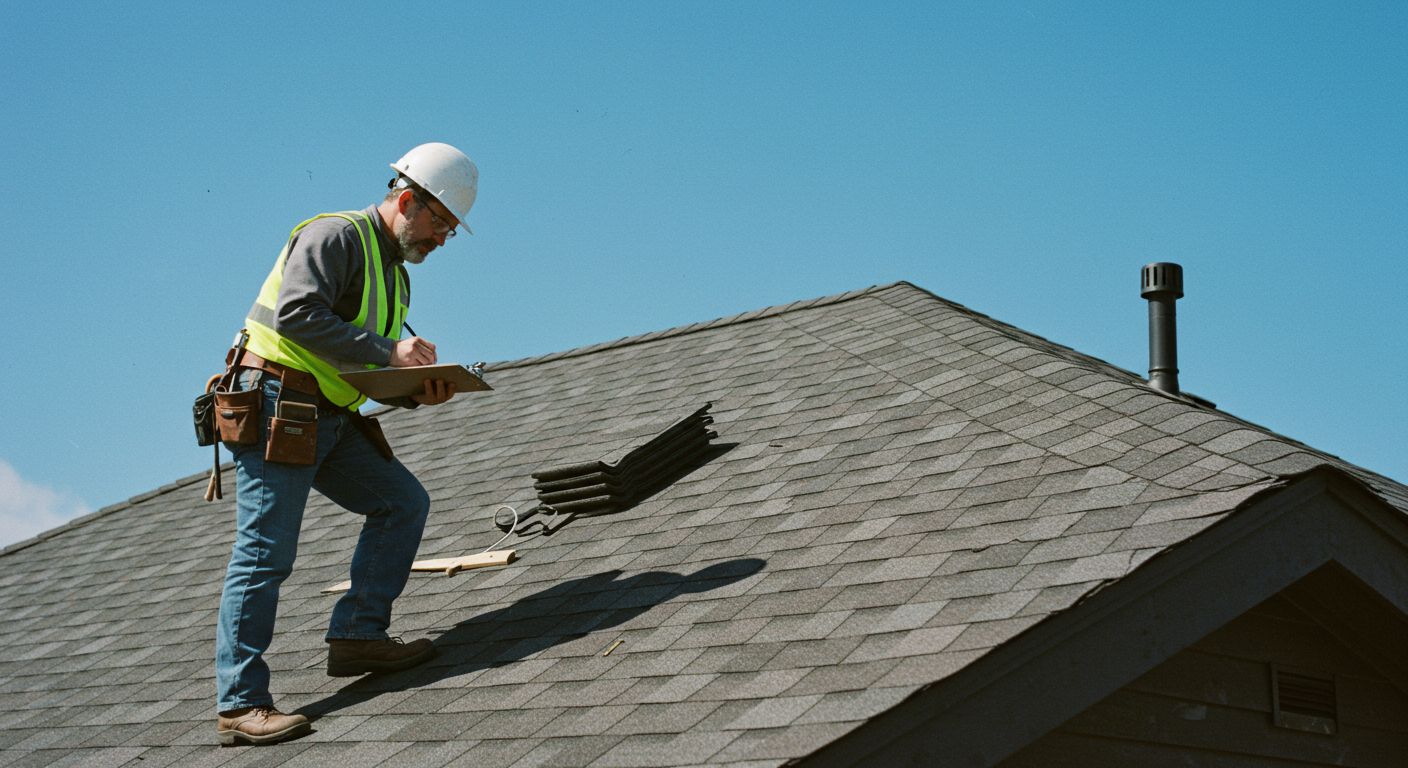 Roofer in safety gear inspecting a dark shingle roof against a clear blue sky.
