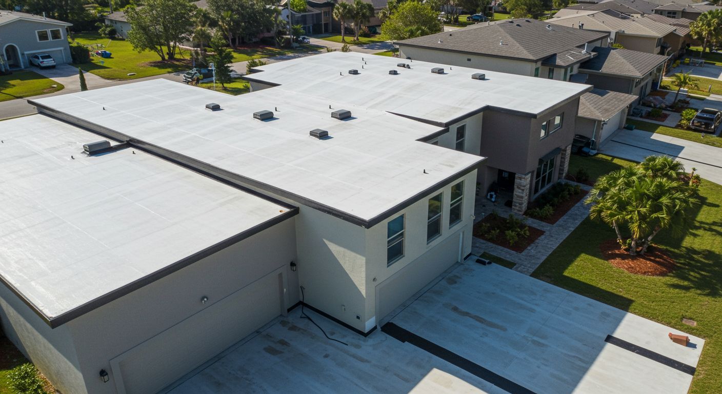 Aerial view of a modern house with a white flat roof and a concrete driveway.