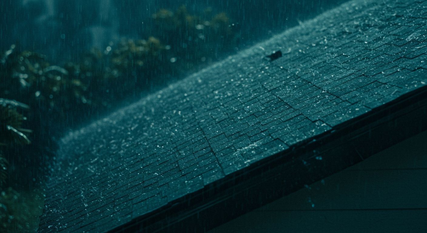 Rain falling on a dark, blue-green shingled roof, trees and building in background.