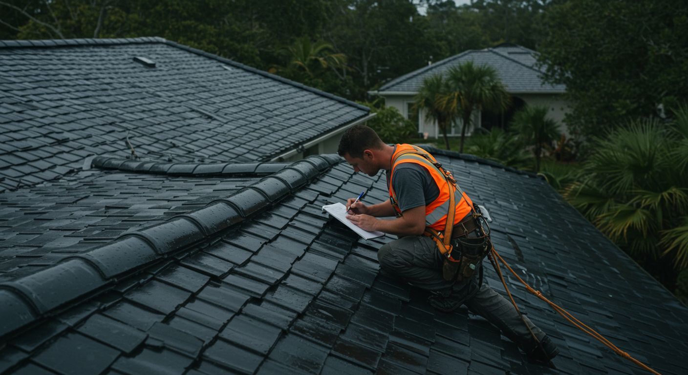 Roofer in orange vest on a dark tile roof, inspecting and writing on a clipboard.