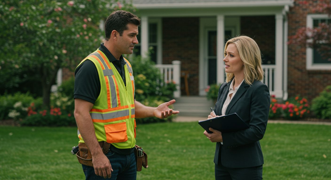 A construction worker in a vest talks to a woman in a suit in front of a house.
