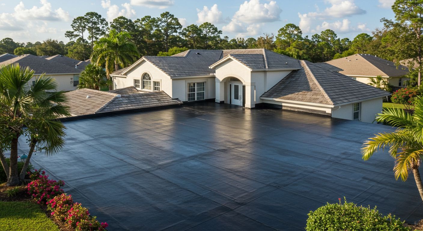 Large white house with black paved driveway, surrounded by green trees and other houses.