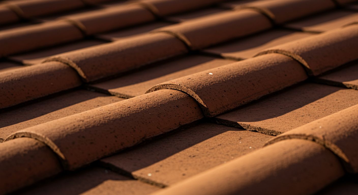Close-up of terracotta-colored roof tiles, angled in rows.