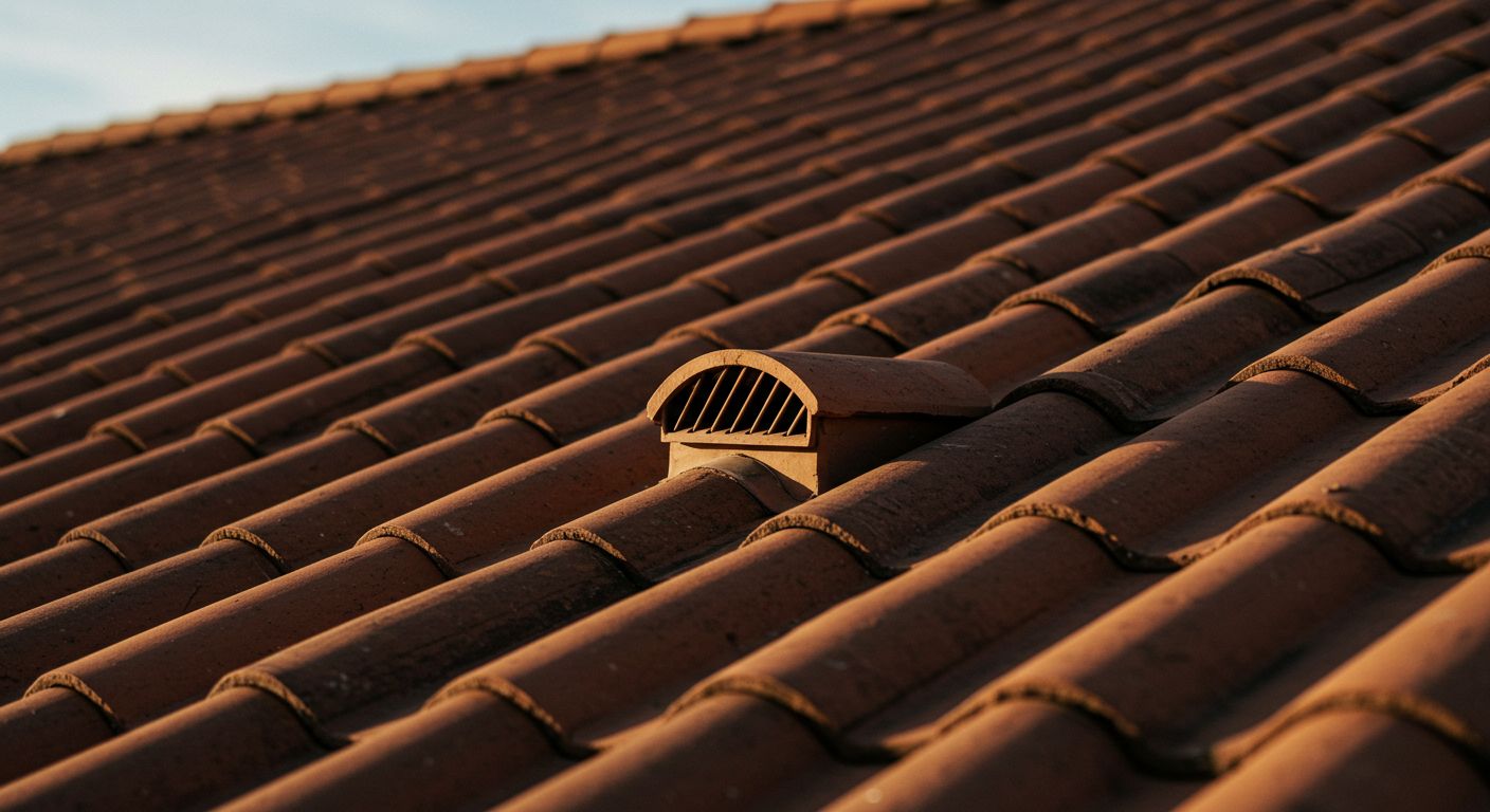 Brown tiled roof with ventilation vent.