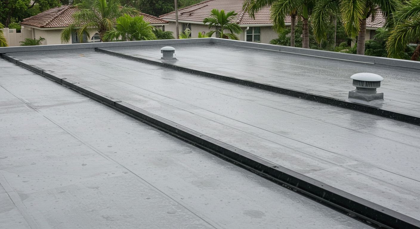 Flat, gray commercial roof with vents and drainage channels.