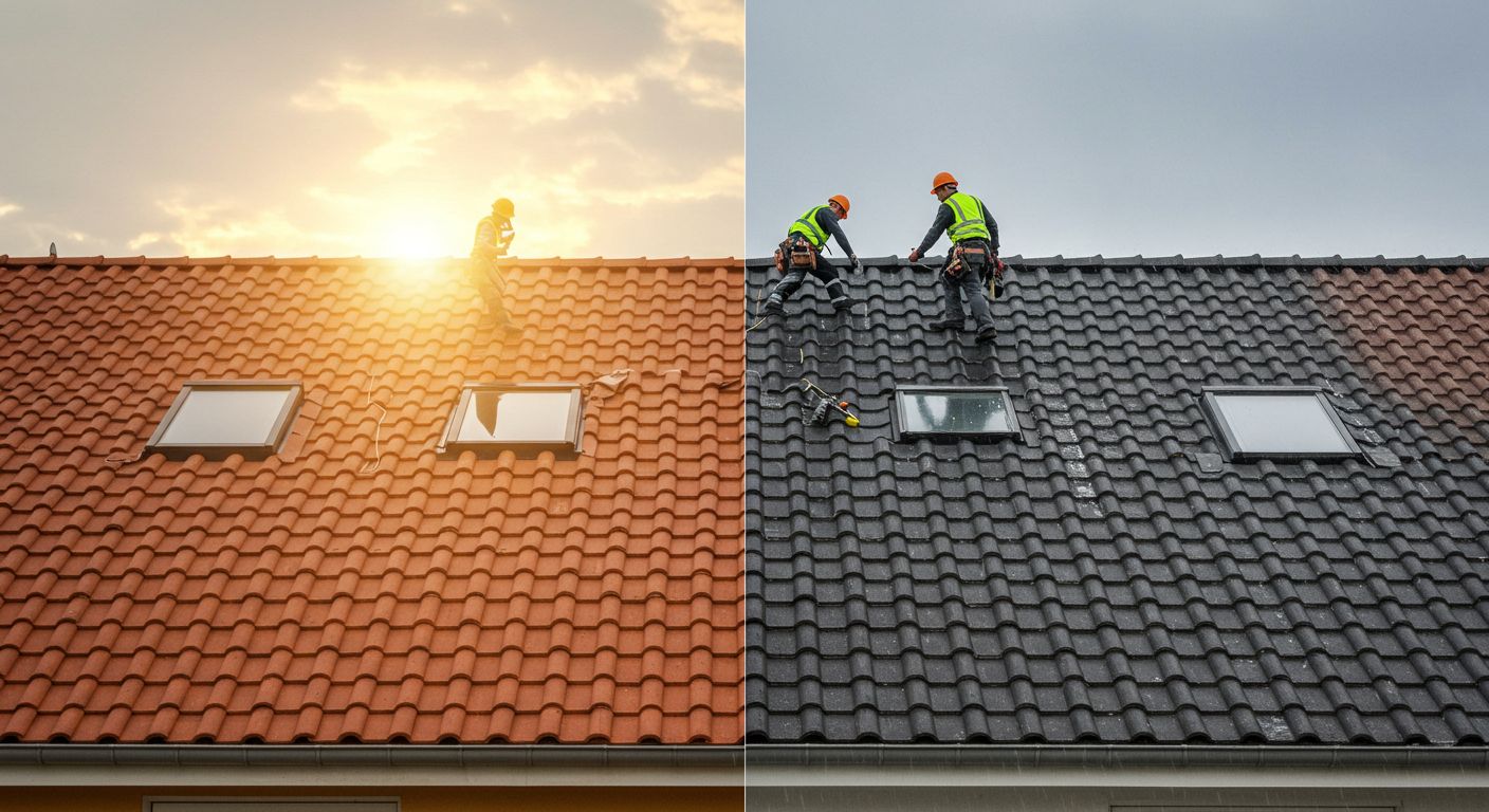 Roofers installing black tiles on a roof, contrasted with the original red tiles, under a cloudy sky and bright sun.