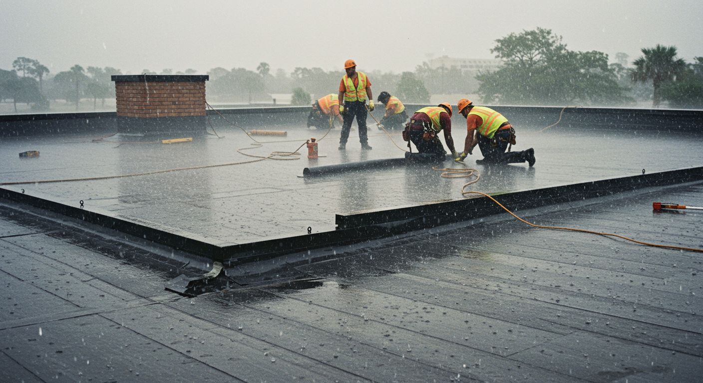 Construction workers in rain on a flat roof, wearing safety vests and helmets.