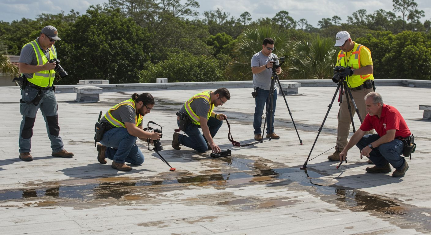 Workers in safety vests on a flat roof examine water damage, using equipment and cameras. Trees are in the background.