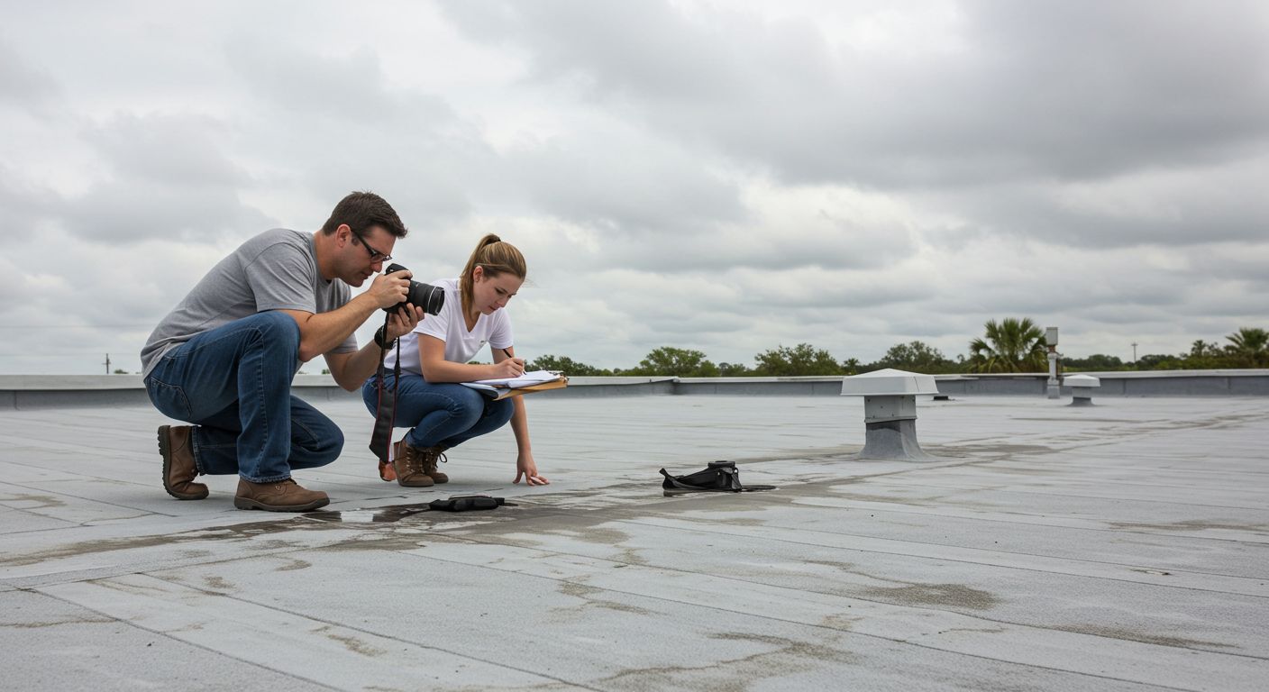 Two people on a flat roof: one photographing, the other taking notes. Overcast sky.