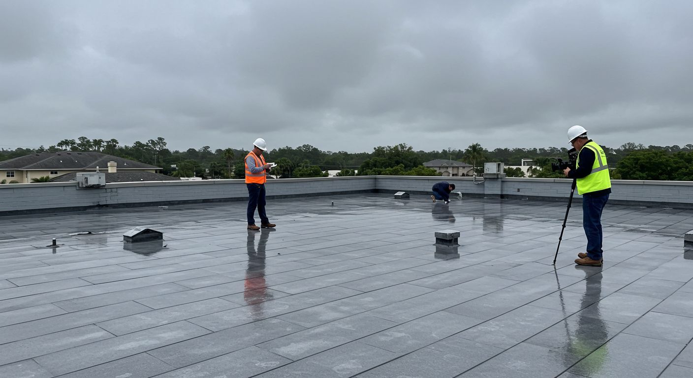 Two roofers in safety vests inspecting a flat, wet roof on a cloudy day.