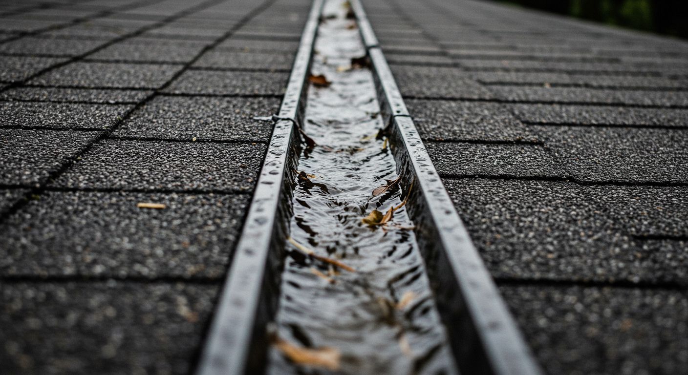 Rainwater and leaves in a gutter on a gray asphalt shingle roof.