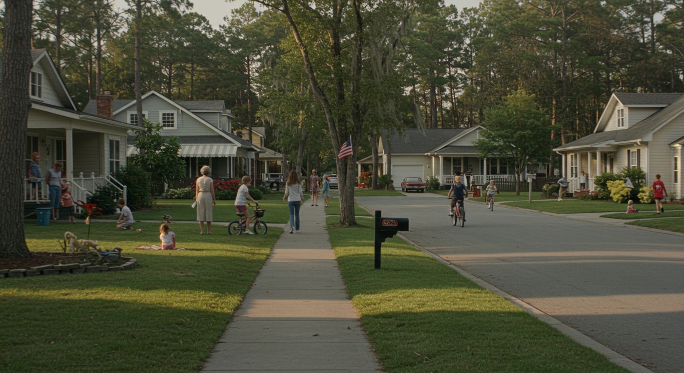 Suburban street scene. People walk, bike, and play on the sidewalk and lawns on a sunny day. Houses line the street.