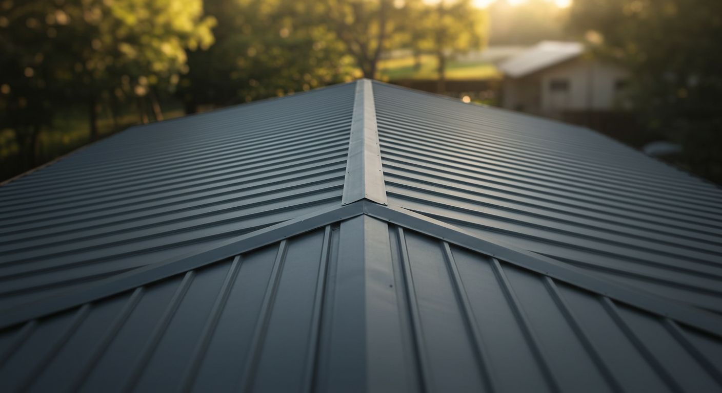 Gray metal roof, angled view, peak in the center. Trees and buildings blurred in the background, daytime.