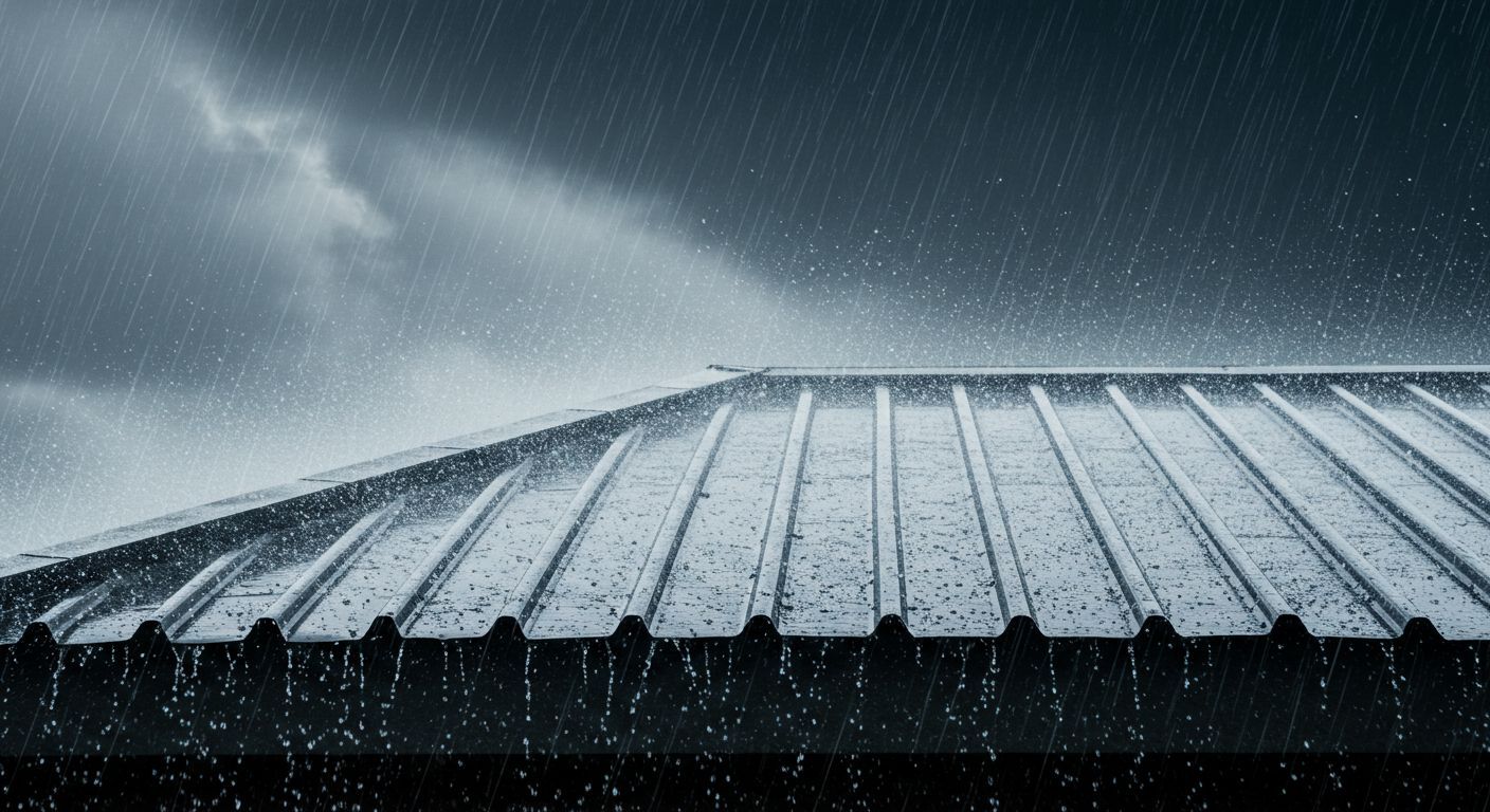 Rain falling on a metal roof, dark sky overhead.