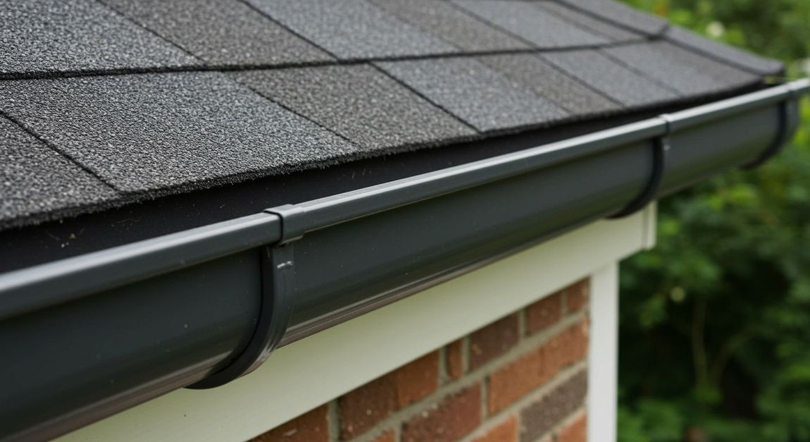 Dark gray roof with black gutters attached to a brick building.