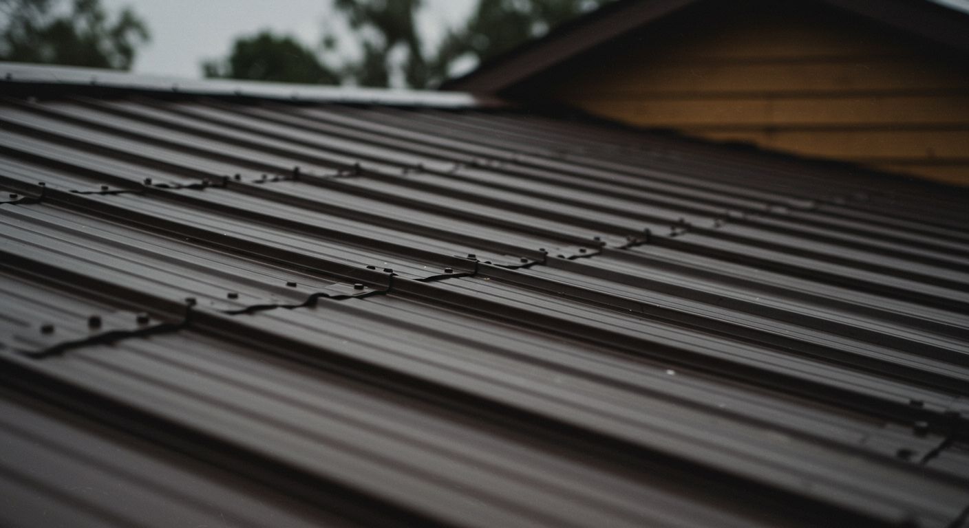 Brown metal roof with visible ridges and fasteners, wet from rain.
