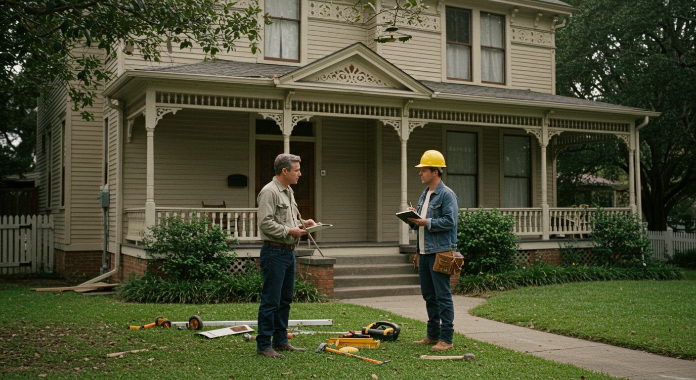 Two men, one in a hard hat, outside a house, discussing papers. Construction tools are on the grass.
