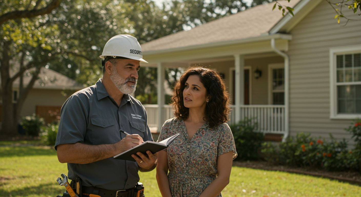 A man in a hard hat and woman discuss notes in front of a house.