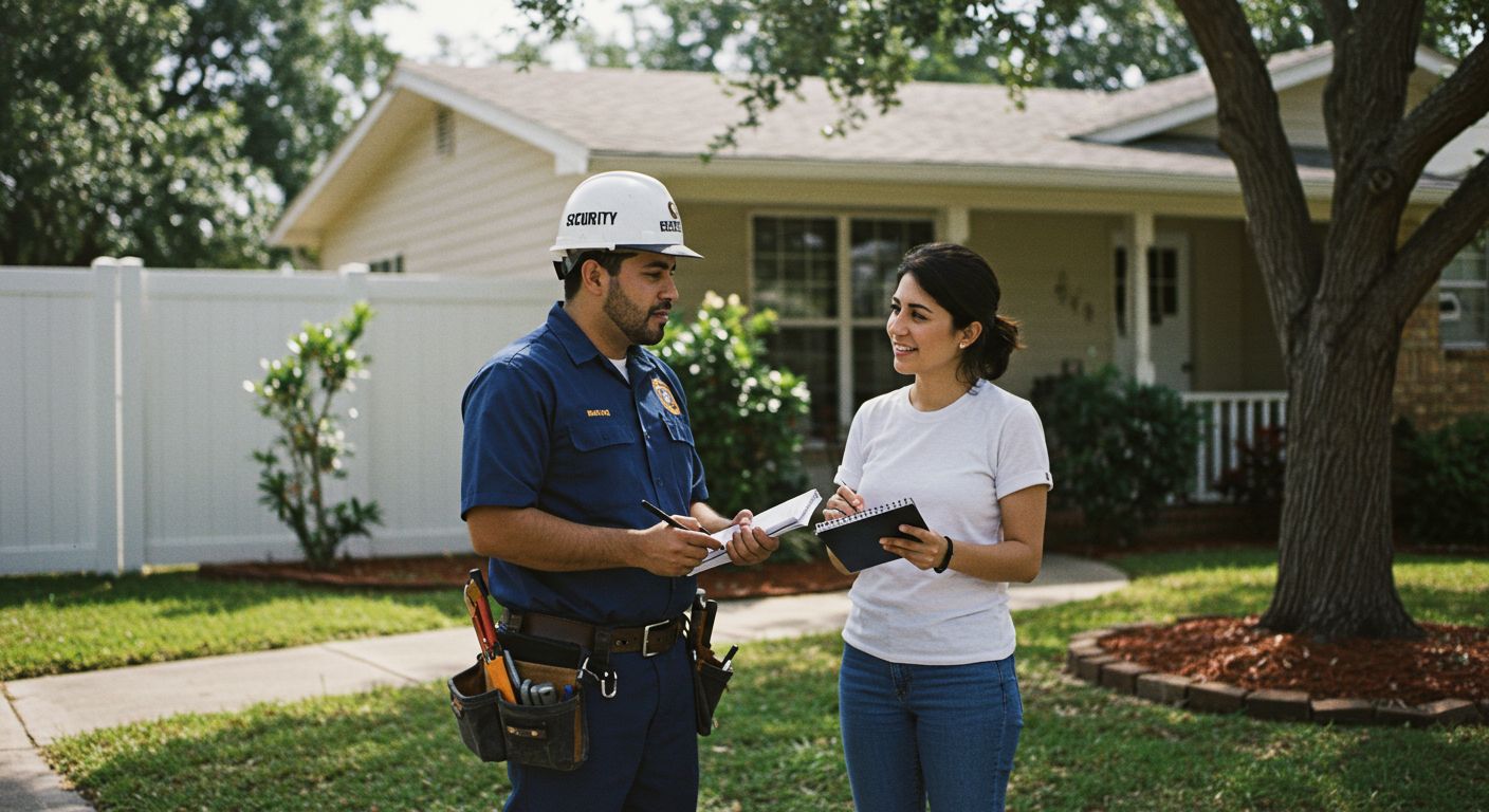 Construction worker with hardhat and homeowner reviewing documents outside a house.
