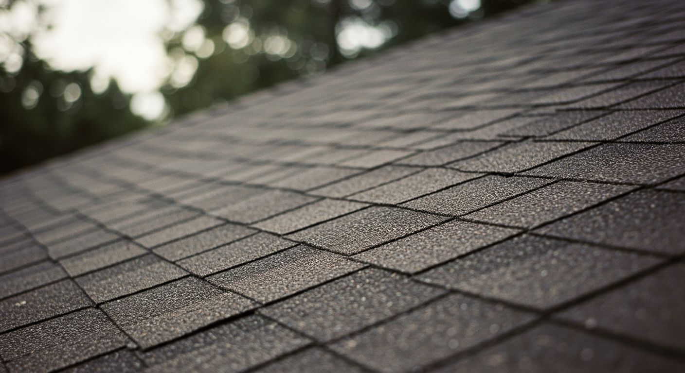 Close-up of a dark asphalt shingle roof.