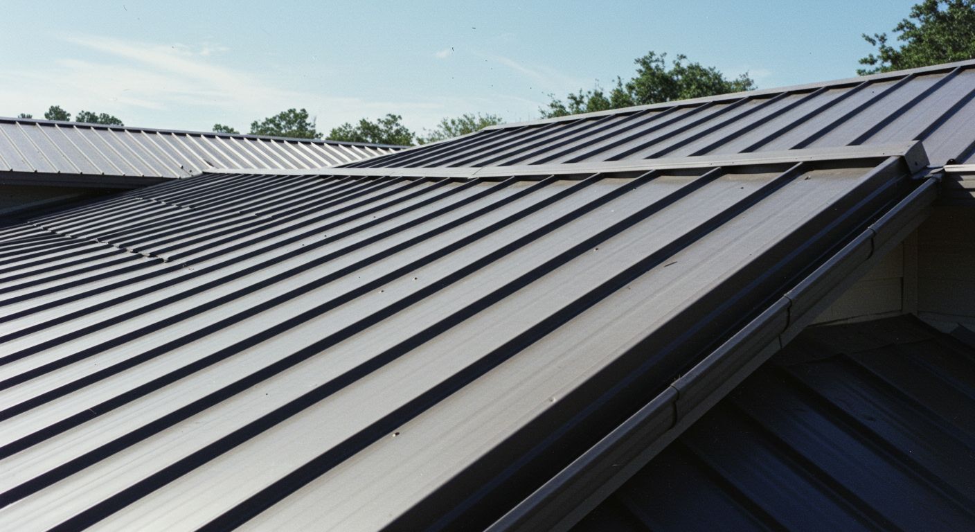 Dark metal roof with parallel lines, blue sky, and trees.