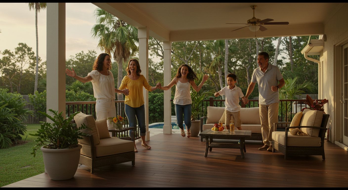 Family on a porch, arms raised, dancing. Trees and pool in the background, warm light.