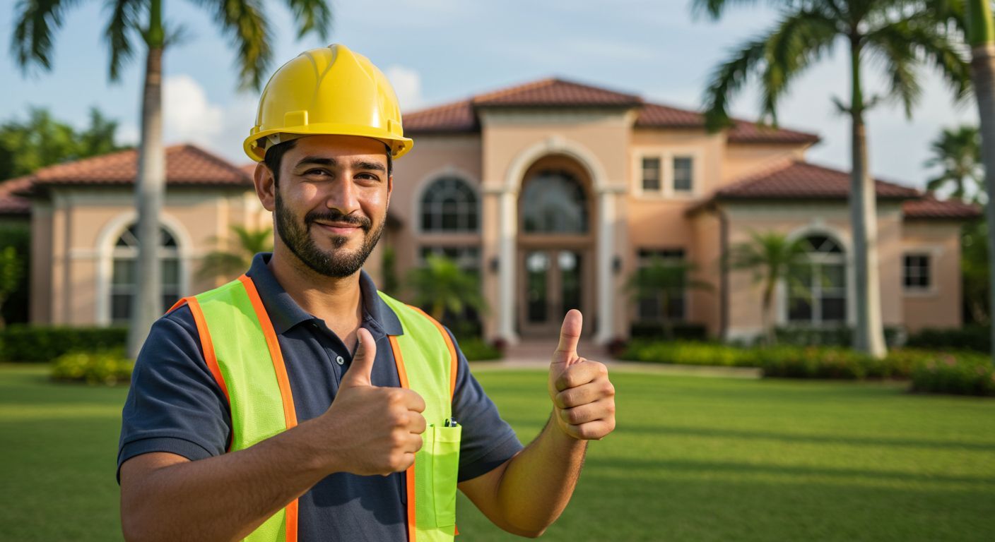 Construction worker giving thumbs up in front of a house.