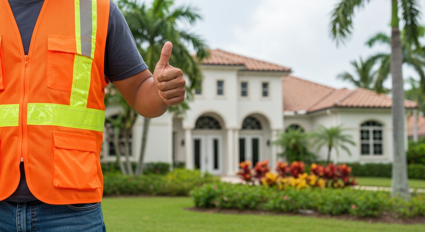 Construction worker gives a thumbs up in front of a luxury house with palm trees, wearing orange vest.