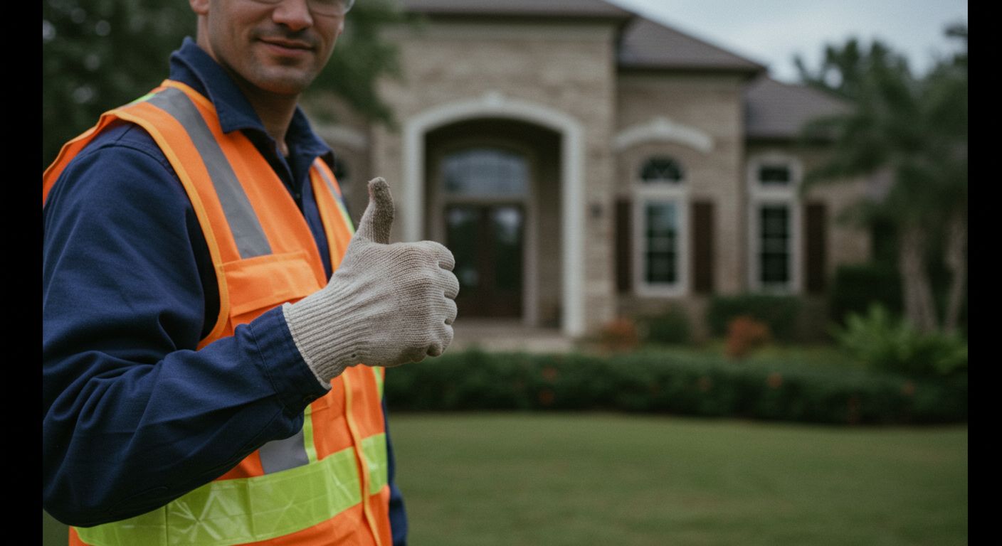 Worker in safety vest gives a thumbs-up in front of a house.
