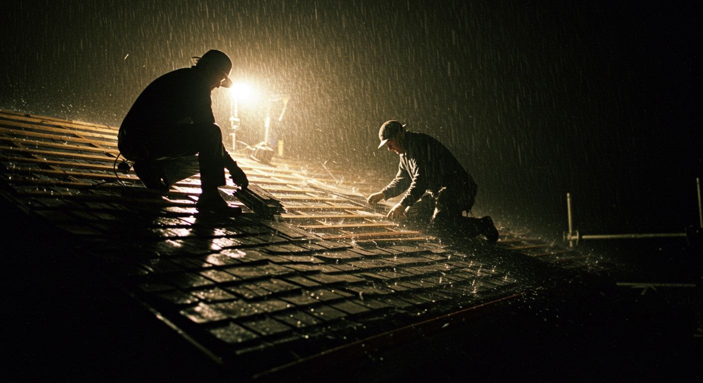 Two figures working on a rooftop in a downpour at night; illuminated by a bright light.