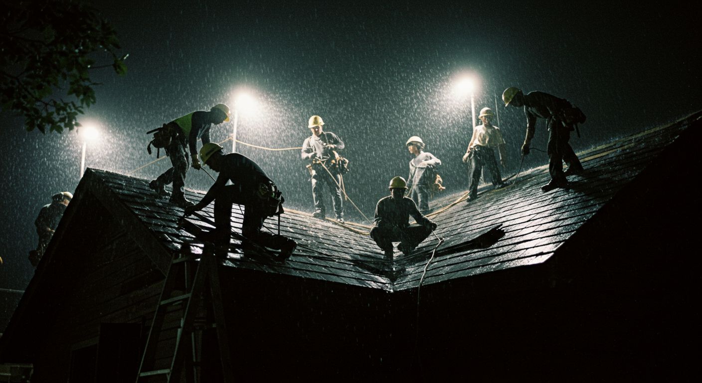 Roofers working on a roof in the rain at night, illuminated by floodlights.